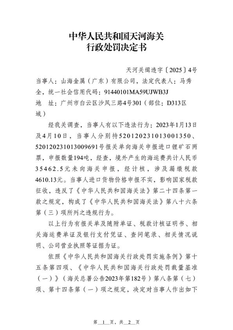 行政处罚决定书（山海金属）1 拷贝