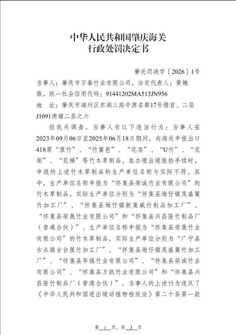 行政处罚决定书（万泰竹业）-1